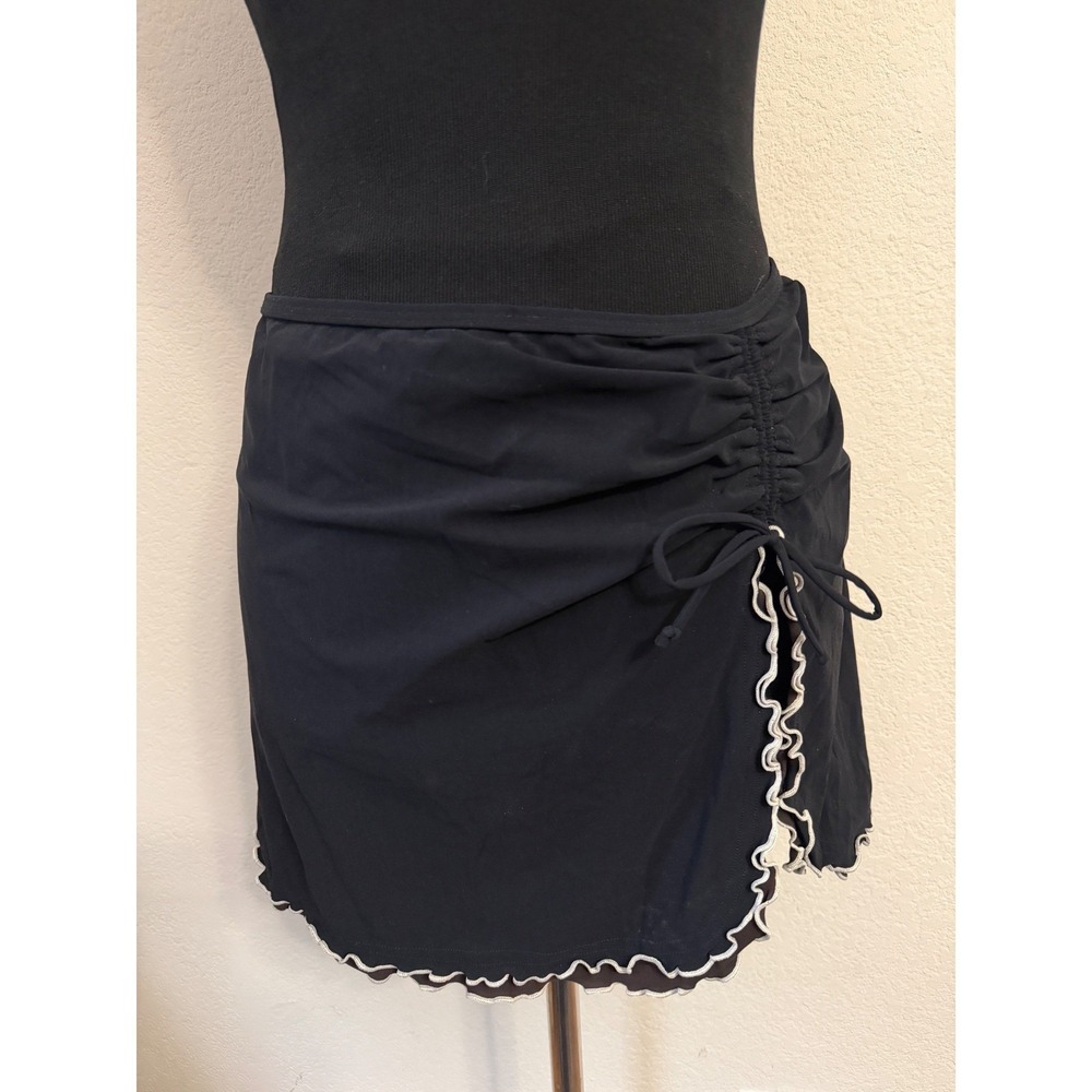 NWT Profile by Gottex Black w/Brown Ruched Lettuce Trim Swim Skirt Cover Up XL